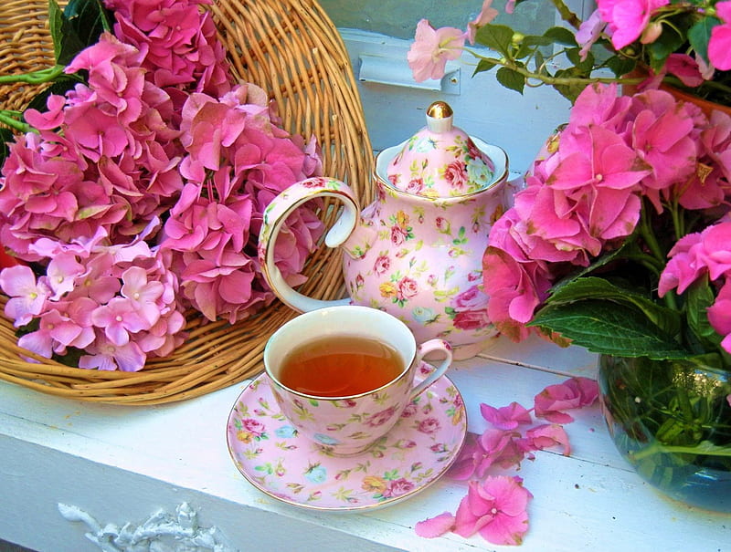 Tea in the garden, basket, flowers, garden, nature, hydrangeas, tea, pink, HD wallpaper