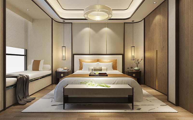 stylish bedroom interior, modern interior design, bedroom, modern interior style, round chandelier, HD wallpaper