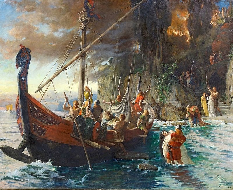 The Viking Raid by Ferdinand Leeke, pictura, water, ferdinand leeke, ship, boat, sea, art, vikings, painting, HD wallpaper