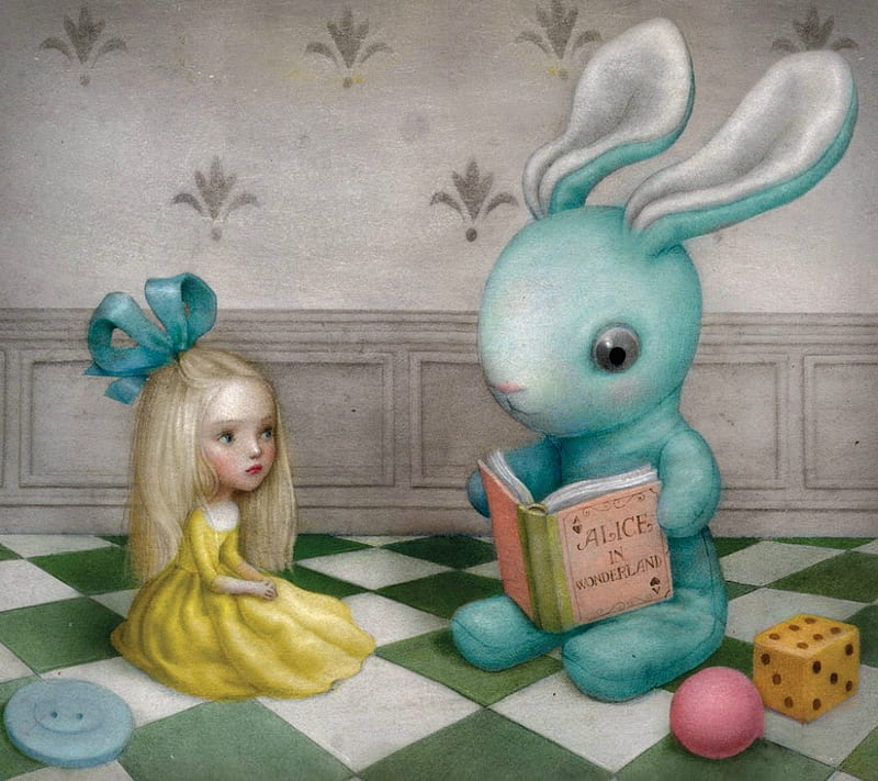 Alice in Wonderland, nicoletta ceccoli, luminos, alice, book, wonderland, yellow, cute, fantasy, tale, girl, painting, bunny, surreal, pictura, blue, HD wallpaper
