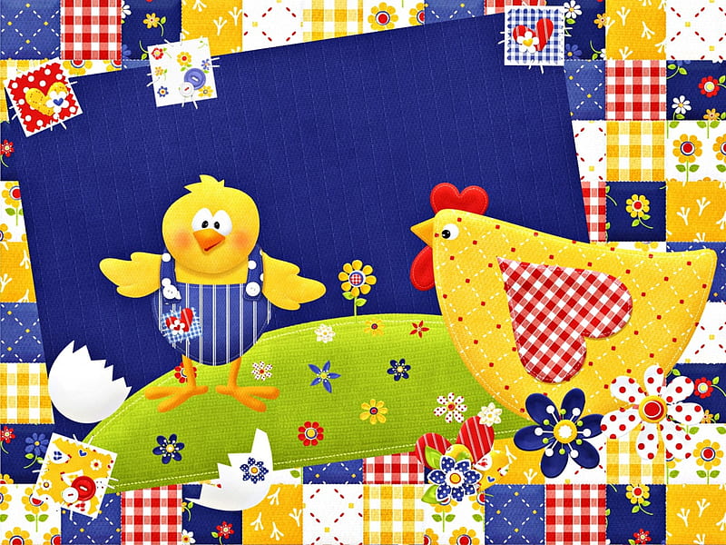 Happy Easter, chicken, yellow, patchwork, blue, HD wallpaper
