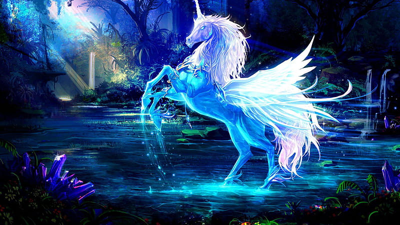 Blue Unicorn With Wings In Forest Background Unicorn, HD wallpaper | Peakpx