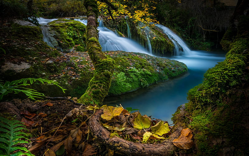Cascada de Saseta, waterfall, stones, green moss, beautiful waterfall, Burgos, Spain, HD wallpaper