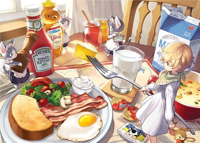 Bunch Table, table, male, food, neko, bread, cat, vegetable, animal, sweet, cute, egg, boy, anime, milk, snack, fork, HD wallpaper