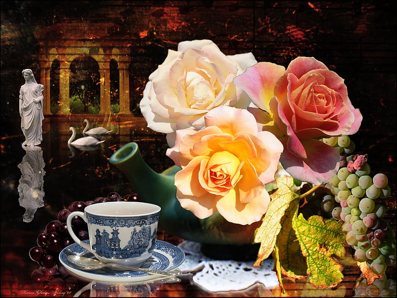 Antique Still Life, still life, antique, statue, vase, collage, roses, gazebo, teacup, HD wallpaper