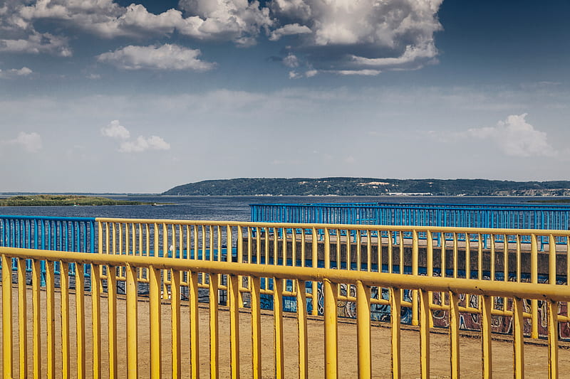 yellow metal railings at the dock during daytime, HD wallpaper