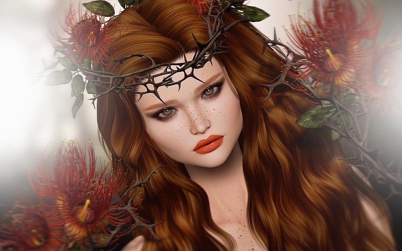 Beauty Red Wreath Frumusete Luminos Redhead Thornes Woman Lips