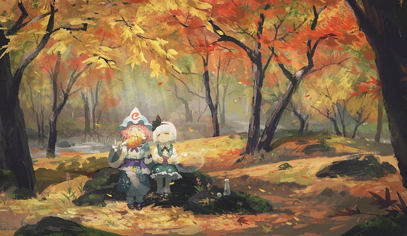 Picnic With A Friend, forest, autumn, konpaku youmu, saigyouji yuyuko, anime, touhou, trees, friends, HD wallpaper