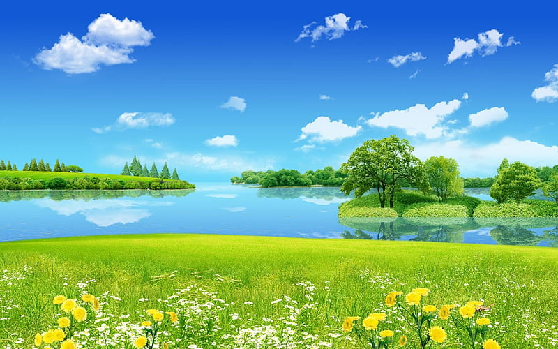 Summer meadow, Shore, Sky, River, Greens, Clouds, HD wallpaper