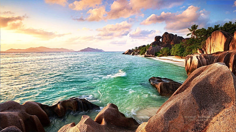 Seychelles Beach, rocks, indian ocean, water, clouds, HD wallpaper
