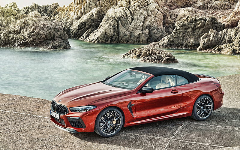 BMW M8 Competition Convertible, 2019, F91, exterior, front view, red coupe, convertible, new red M8, sports cars, German cars, BMW, HD wallpaper