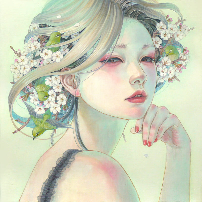 Beauty, sakura, art, frumusete, luminos, spring, blossom, fantasy, girl, hand, flower, asian, chalk, face, mihohirano, HD wallpaper