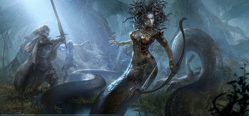 Medusa, art, fantasy, girl, luminos, myth, tong da, blue, gorgona, HD wallpaper