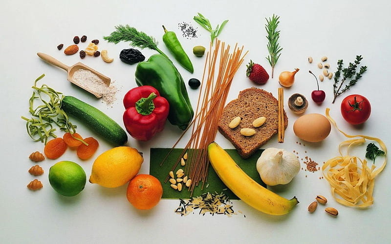 Healthy food, rise, food, seasonings, fruits, vegetables, HD wallpaper