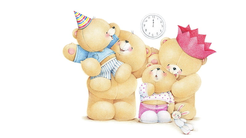 Happy Birtay!, family, children, birtay, draw, cute, crown, child, white, teddy bear, pink, HD wallpaper