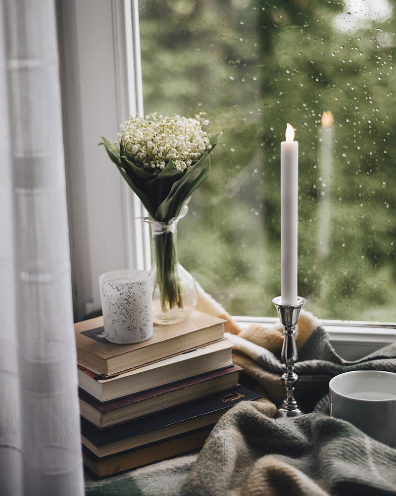 candle, window, bouquet, rain, books, plaid, cup, HD phone wallpaper