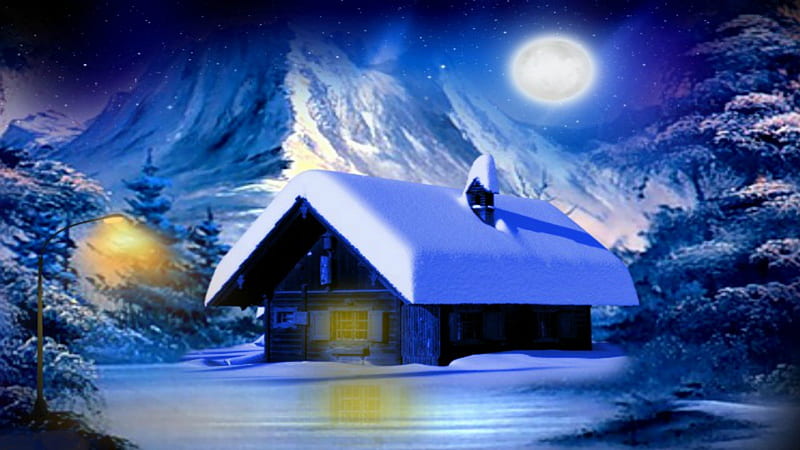 ~*~ Winter Evening ~*~, winter house, winter holidays, winter landscape, winter full moon, winter, winter night, HD wallpaper
