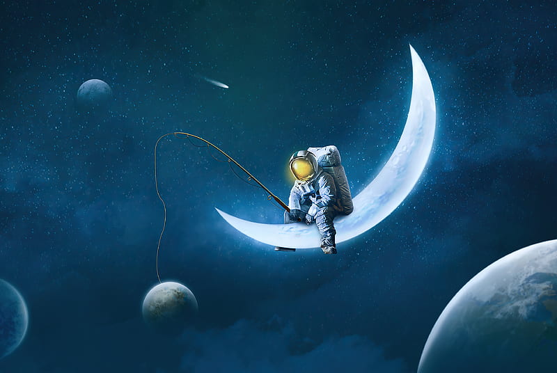 Sci Fi, Astronaut, Fishing, Moon, HD wallpaper