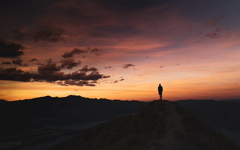 man, silhouette, loneliness, dusk, mountains, HD wallpaper
