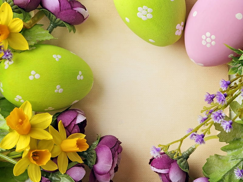 Eggs colorful and flowers, Easter, decoration, eggs, flowers, spring, Happy, eggs dyed, wood, HD wallpaper