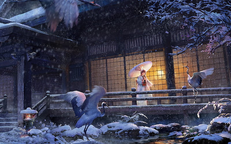 Winter Garden, crane, garden, orginal, kimono, winter, house, japanese, japan, snow, nature, night, HD wallpaper