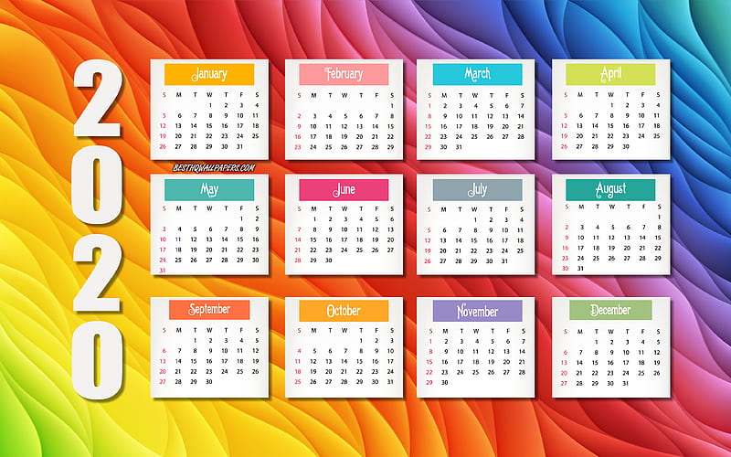 2020 Calendar, multicolored waves background, 2020 all months, 2020 calendar grid, abstract background, 2020 concepts, Year 2020 Calendar, HD wallpaper