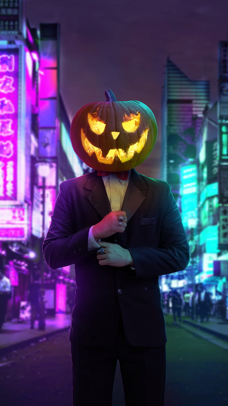 Pumpkin Tux, Pumpkin, cyberpunk, duo light, halloween pumpkin, neon city, night city, street night, suit, tuxedo, HD phone wallpaper