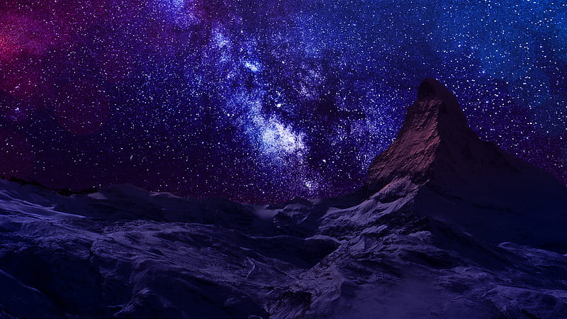 Purple Rocky Mountain With Back Ground of Stars Purple, HD wallpaper