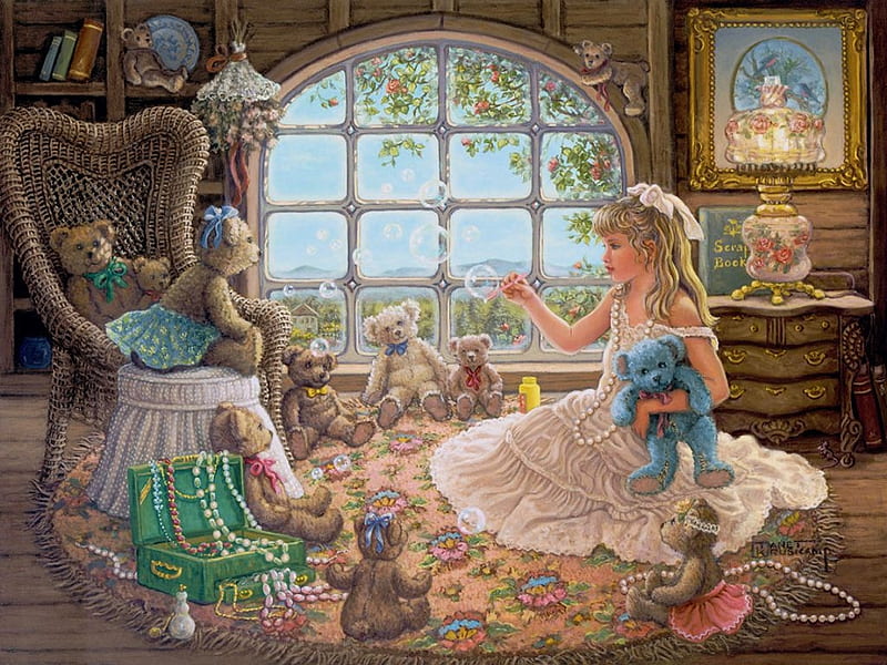 Jenny Paints Her Bears, window, teddybears, girl, painting, chair, room, artwork, HD wallpaper
