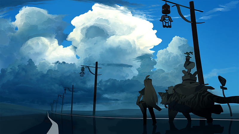 anime landscape, tiger, clouds, sky, scenic, road, Anime, HD wallpaper