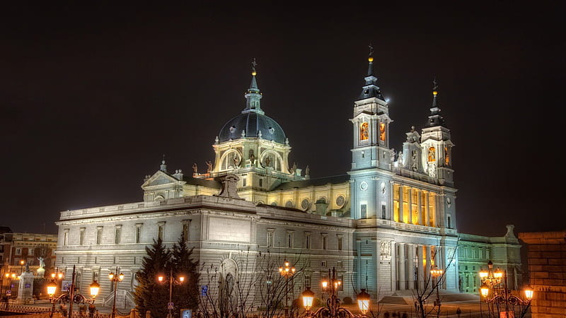 a new cathedral in spain at night, cathedral, towers, dome, lights, night, HD wallpaper