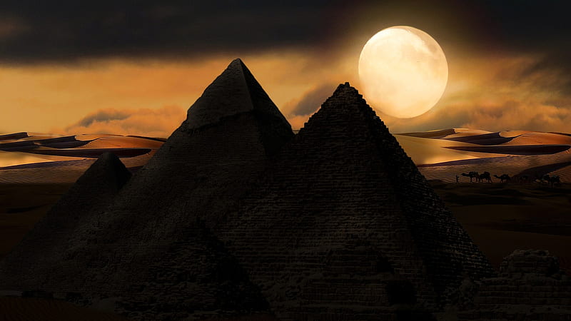 Moonlight Pyramids, desert, moon, sand, Egypt, full moon, pyramids, clouds, sky, wonders, HD wallpaper