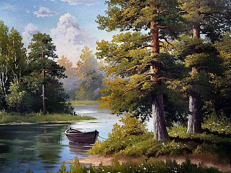Lonely Boat F2, forest, art, trees, lake, artwork, boat, water, painting, scenery, landscape, HD wallpaper