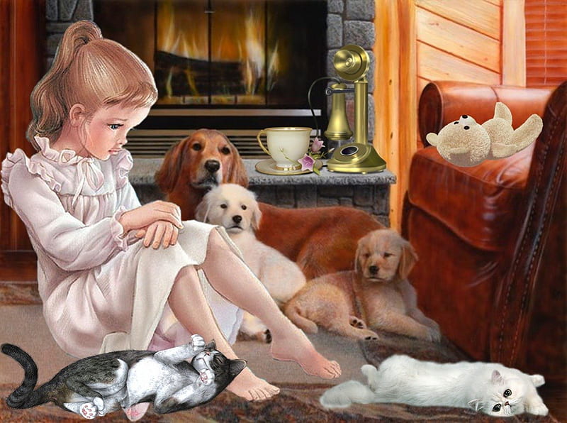 Little Girl with Dogs and Cats, kid, girl, home, cats, dogs, HD wallpaper