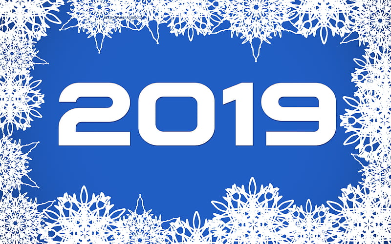 2019 year, white snowflakes, Happy New Year, blue 2019 background, blue 2019 postcard, winter, snow, 2019 concepts, HD wallpaper