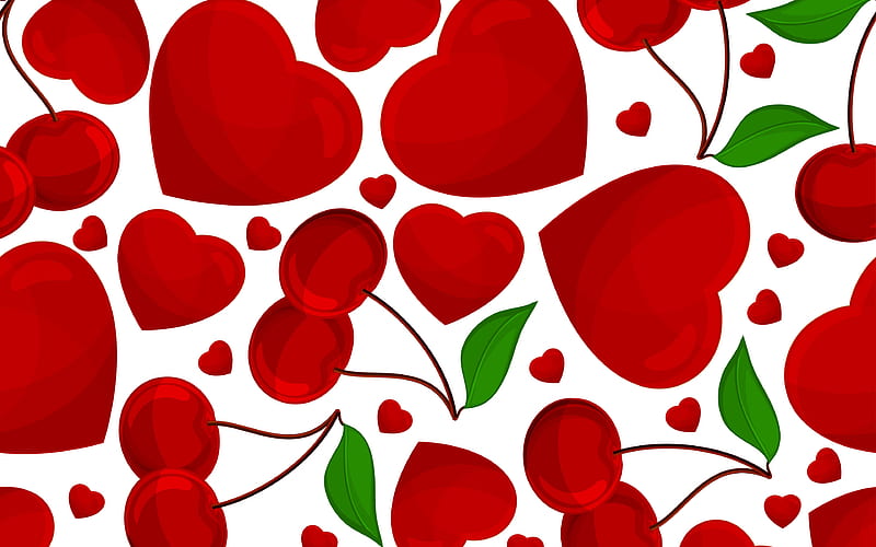 hearts with cherries red hearts background, hearts textures, love concepts, hearts backgrounds, HD wallpaper