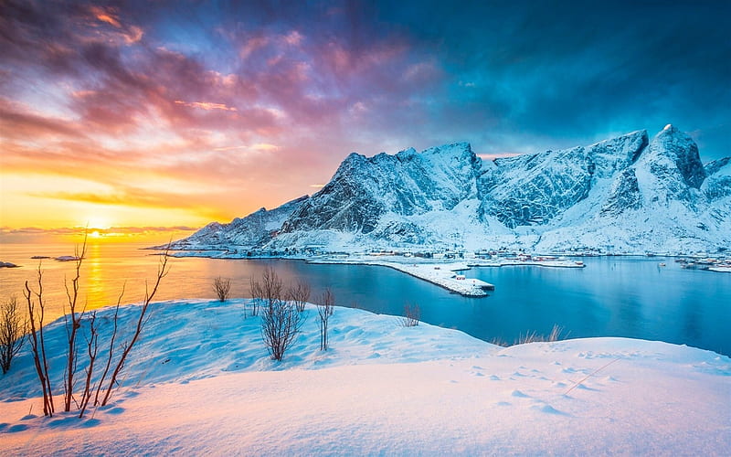 Lofoten Islands, winter, sunset, snowdrifts, Norway, Europe, HD wallpaper