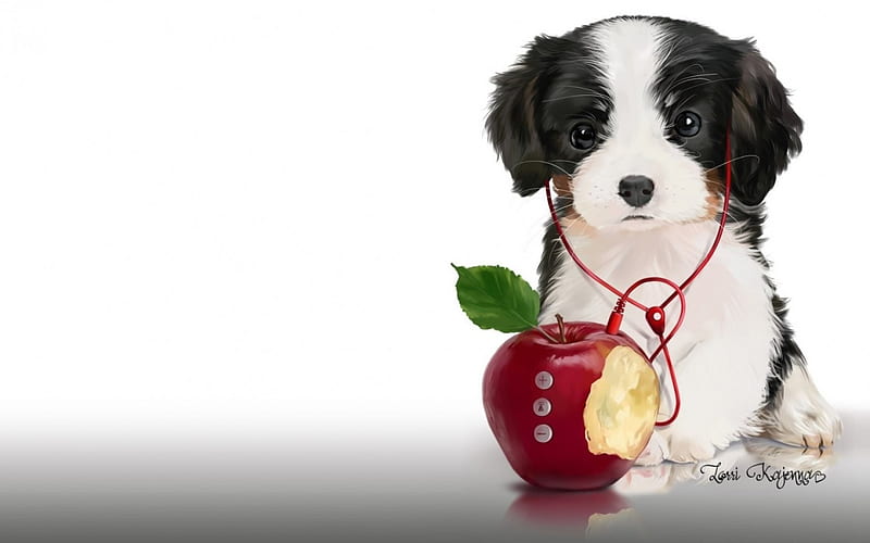 Puppy, apple, red, art, lorri kajenna, headphones, black, animal, card, cute, child, white, dog, HD wallpaper