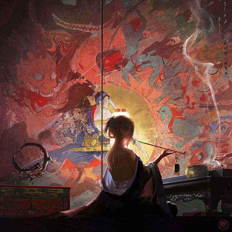 painting, smoking, smoke, sword, arrows, waves, sheath, spear, weapon, dragon, eastern, Japanese, smoking pipe, lantern, women, HD phone wallpaper