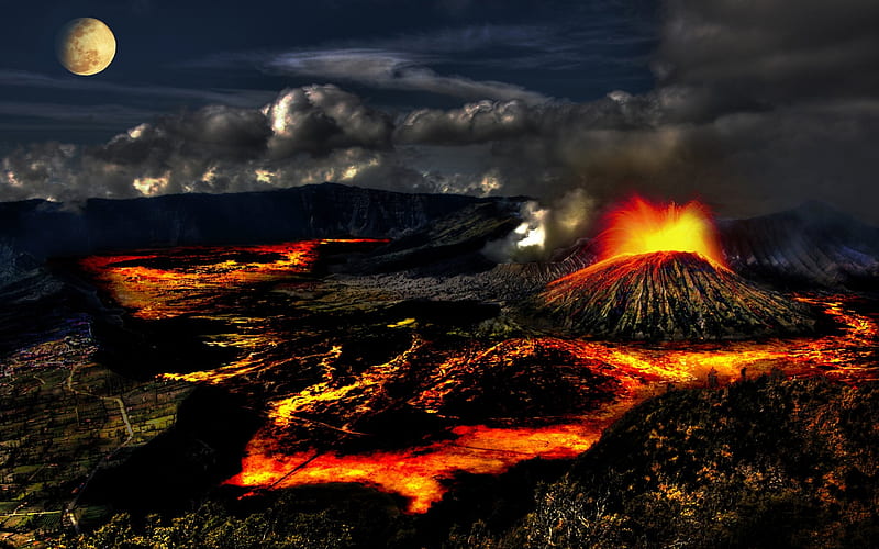 Volcanic Lava Flow under Night Moon, Moons, Sky, Nature, Volcanoes, Nights, Lava, HD wallpaper