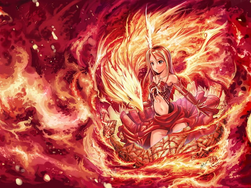 Anime girl and dragon, red, orange, cartoon, dragon, fire, flames, anime,  drawing, HD wallpaper | Peakpx