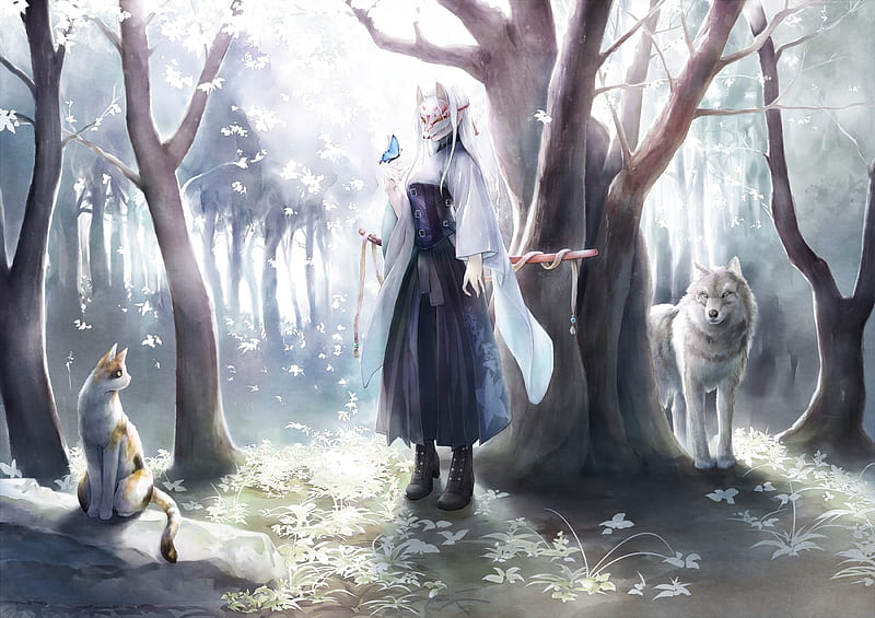 Into the woods, anime, lup, wolf, cat, tagme, pisici, forest, luminos,  tree, HD wallpaper | Peakpx