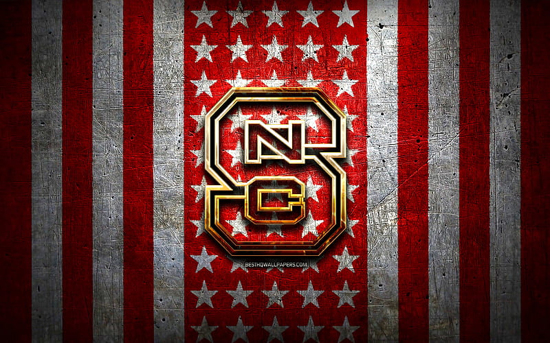 NC State Wolfpack flag, NCAA, red white metal background, american football team, NC State Wolfpack logo, USA, american football, golden logo, NC State Wolfpack, HD wallpaper