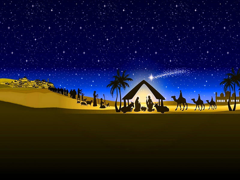 First Christmas, nativity, stars, christmas, trees, sky, joseph, mary, star, blue, HD wallpaper