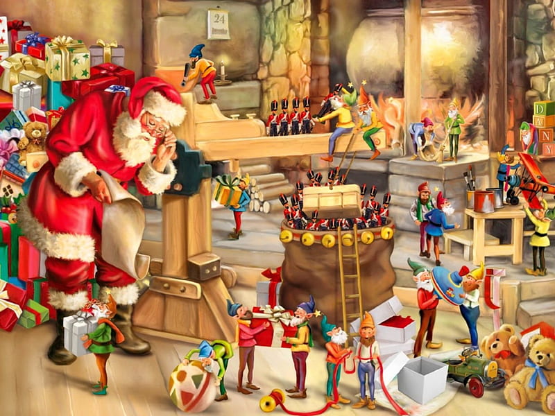Santa's workshop, christmas, holiday, fun, joy, winter, santa, toys, gifts, workshop, HD wallpaper