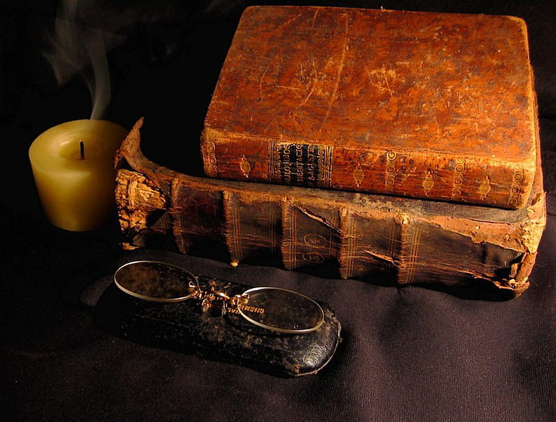 exemes time, candle, glassess, books, HD wallpaper