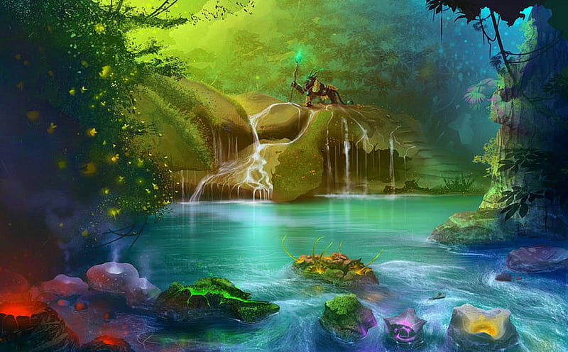 --The King of Forest--, draw and paint, attractions in dreams, most ed, digital art, seasons, fantasy, paintings, landscapes, forests, scenery, drawings, lakes, colors, love four seasons, creative pre-made, spring, trees, cool, the king, fantasy creatures, nature, HD wallpaper