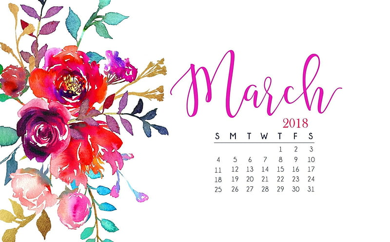 March 2018, art, red, 2018, calendar, flower, white, pink, watercolor, blue, march, HD wallpaper