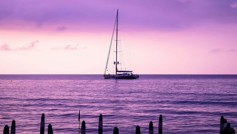 a sailboat on a purple sea, sailboat, purple, pylons, sea, HD wallpaper