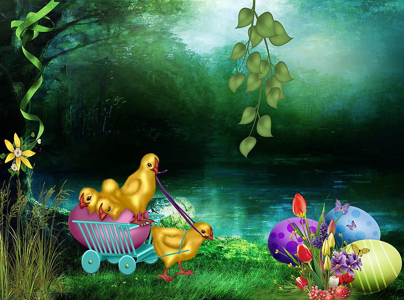 happy easter, ducks, easter, bow, lake, pond, egg, tree, water, festive, eggs, flowers, nature, wheelbarrow, HD wallpaper